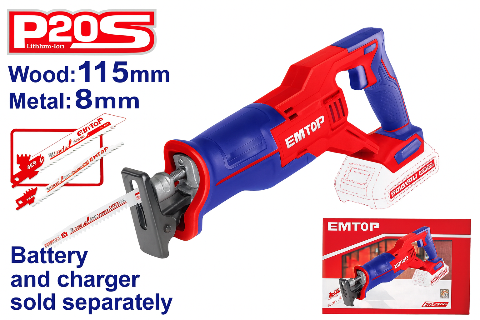 Sierra sable inalámbrica EMTOP 20V con 2 hojas incluidas (corte en madera 115 mm / metal 8 mm)
