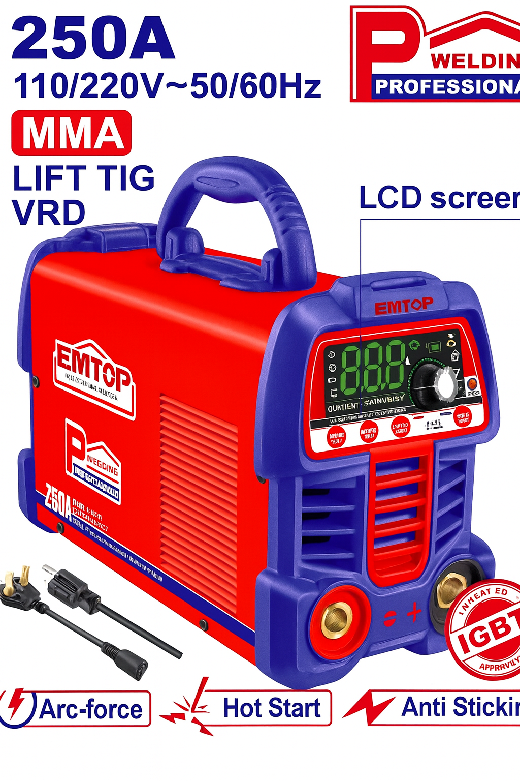 Soldadora Inverter MMA/TIG Lift de 250A con pantalla LCD y doble voltaje 110/220V