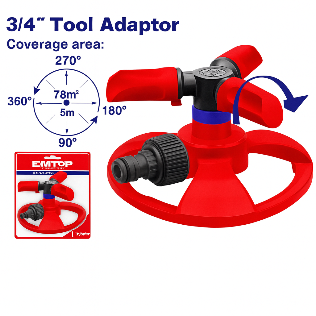 Aspersor Rotatorio de 3 Brazos – (Plástico ABS+PP, Con Base y Adaptador 3/4")