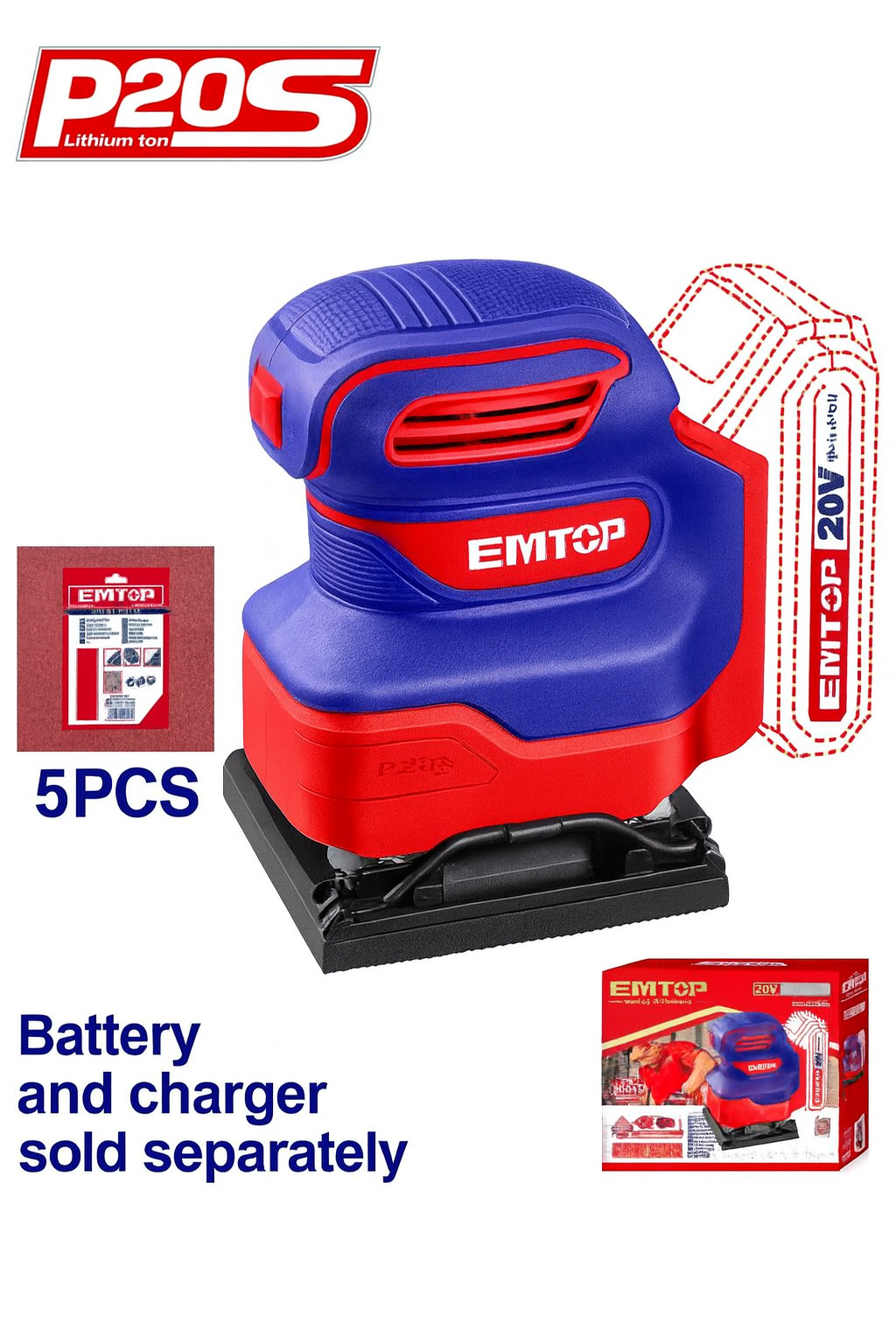 Lijadora orbital inalámbrica EMTOP 20V 12.000 rpm con base de 110×100 mm y 5 lijas incluidas