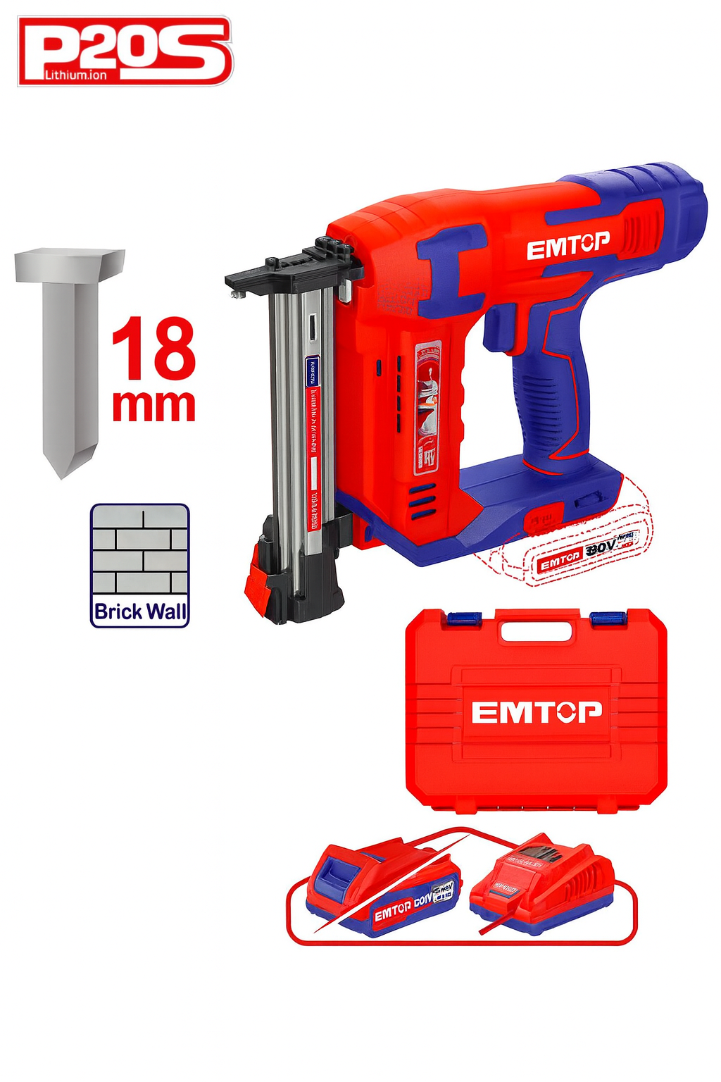 Clavadora inalámbrica EMTOP 20V para concreto, madera y lámina (65 clavos de capacidad, 2 clavos/seg)