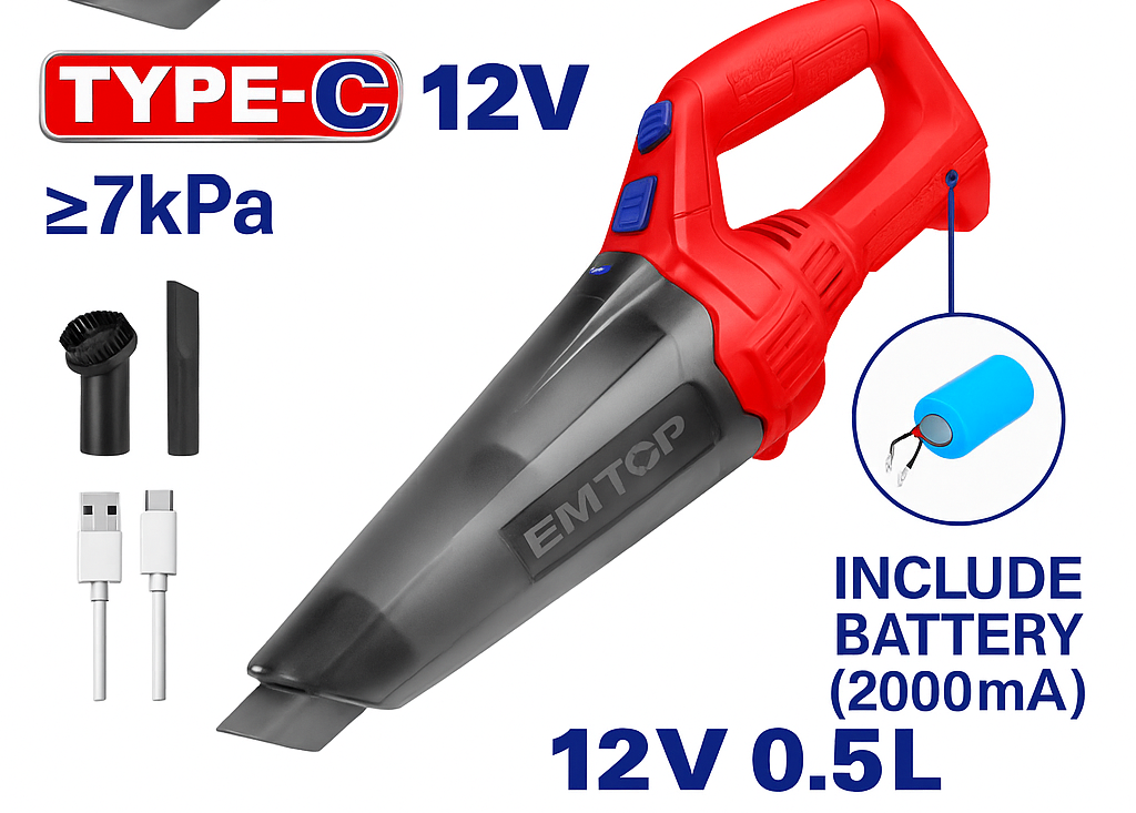 Aspiradora inalámbrica EMTOP 12V con capacidad de 0,5 L y accesorios para limpieza precisa