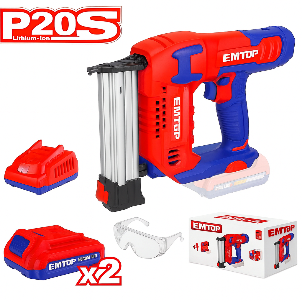 Clavadora inalámbrica EMTOP 20V con 2 baterías de 2.0Ah, cargador y gafas de seguridad (3 clavos/seg)