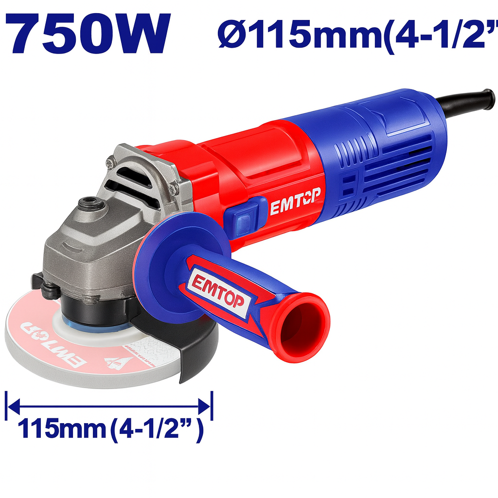 Esmeril angular EMTOP 750W 4-1/2" (115 mm) 12.000 rpm con mango auxiliar