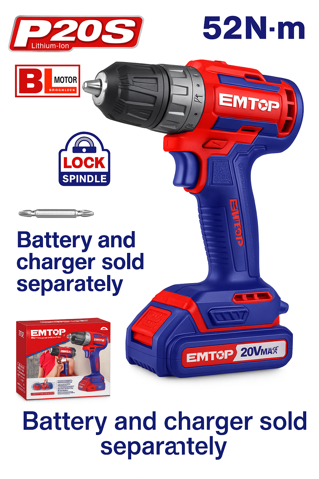 Taladro inalámbrico sin escobillas EMTOP 20V con 2 velocidades mecánicas y luz LED