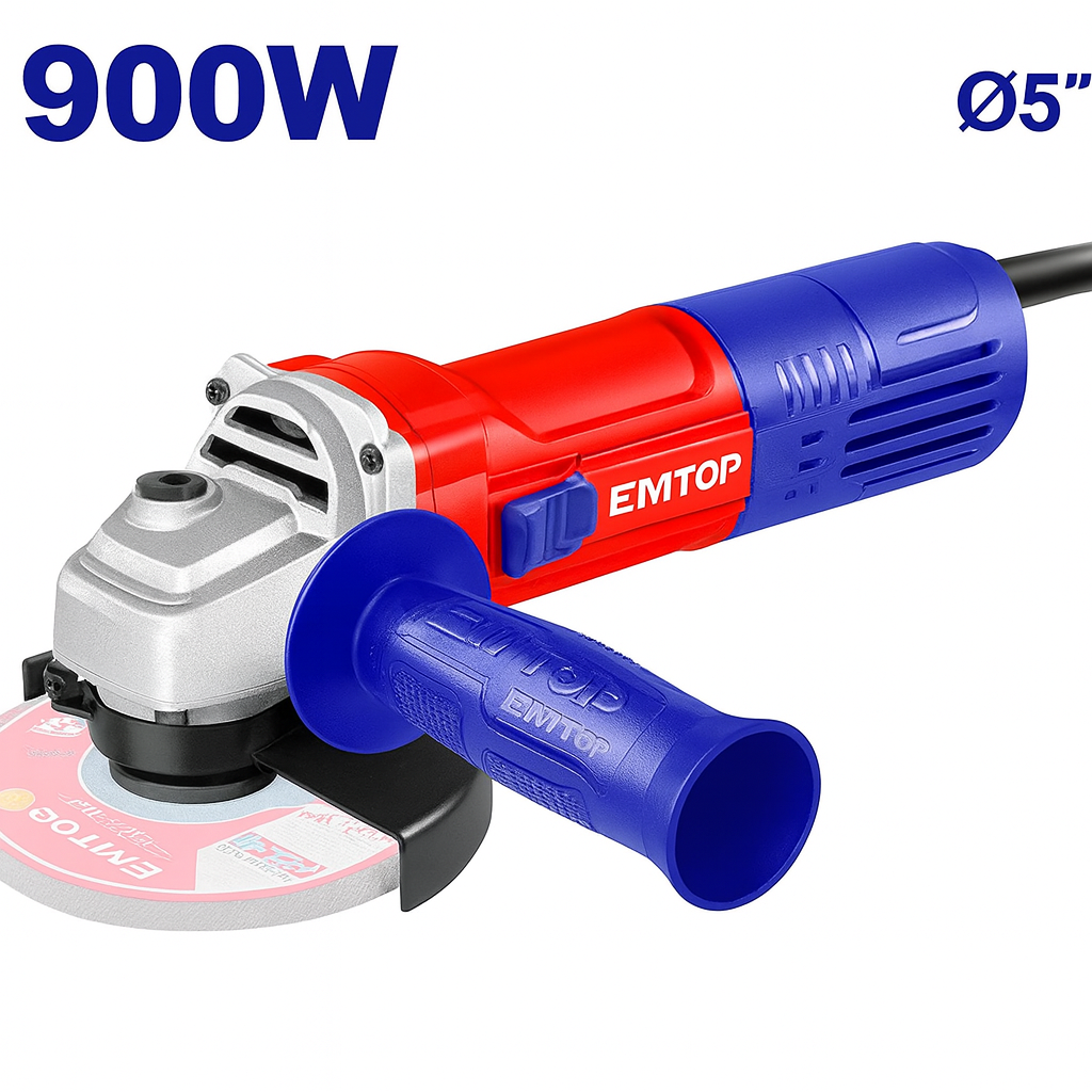Esmeril angular EMTOP 900W 5" (125 mm) 12.000 rpm con mango auxiliar