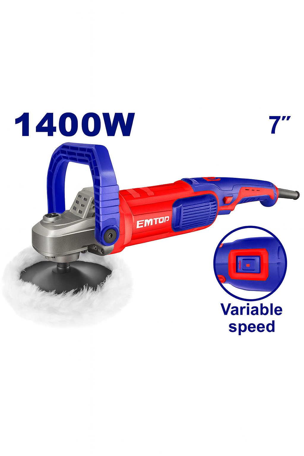 Pulidora eléctrica EMTOP 1400W 7" (180 mm) con control de velocidad variable y accesorios