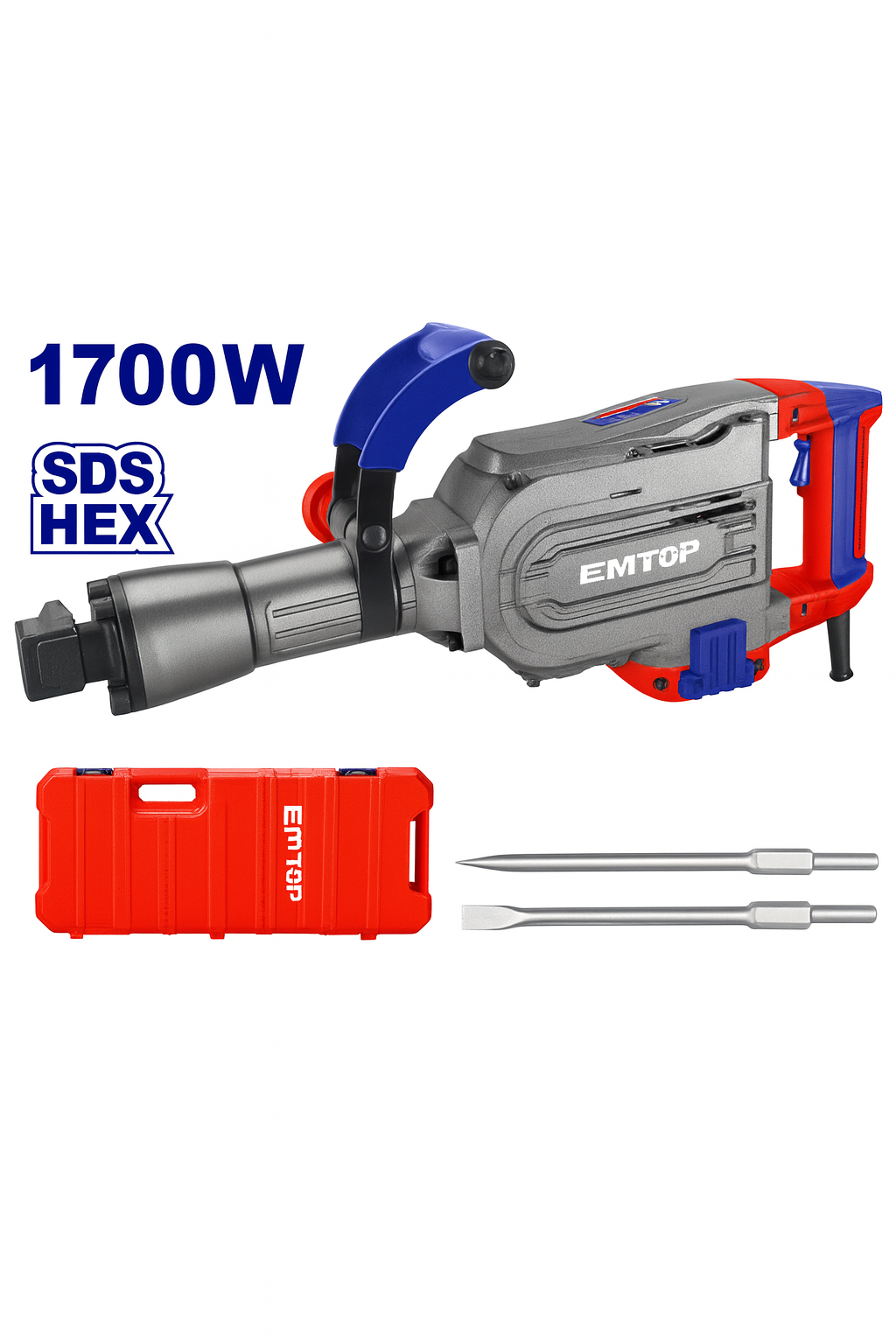 Martillo demoledor eléctrico de 1700W con fuerza de impacto de 45J y cintas incluidas