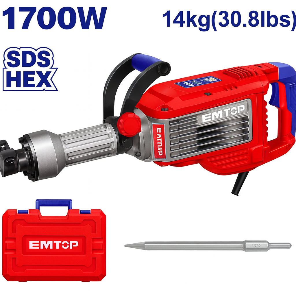 Martillo demoledor eléctrico de 1700W con fuerza de impacto de 50J y cincel incluido