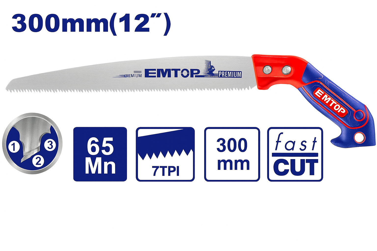 Sierra de Mano para Madera 12" – (65Mn, 7TPI, Corte Rápido)