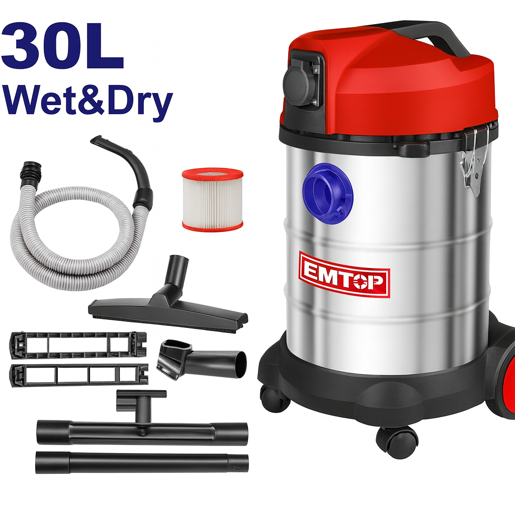 Aspiradora industrial en seco y húmedo de 1400W con tanque inoxidable de 30 L