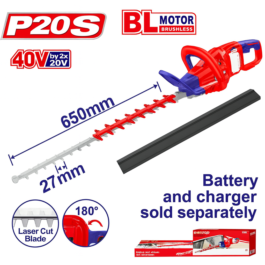 Cortasetos inalámbricos de 40V con motor sin escobillas y cuchilla láser de 65 cm