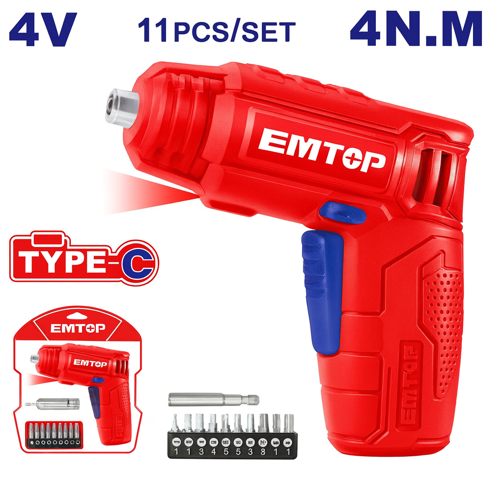 Destornillador inalámbrico EMTOP 4V con luz LED y juego de 10 puntas + adaptador (carga USB-C)
