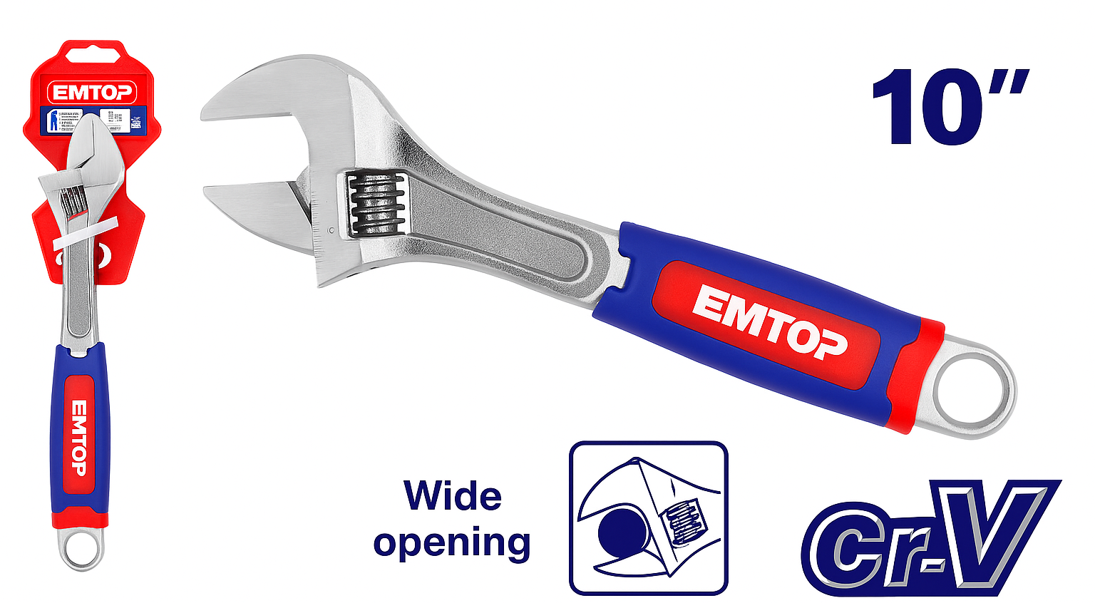 Llave ajustable tipo cangrejo de 250 mm (10") Cr-V con mango bicolor ergonómico