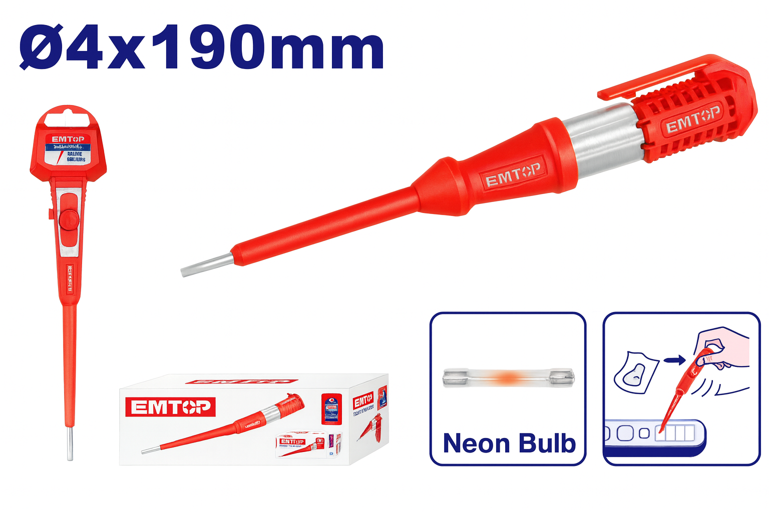Probador eléctrico EMTOP 100–500V tipo destornillador 4x190 mm