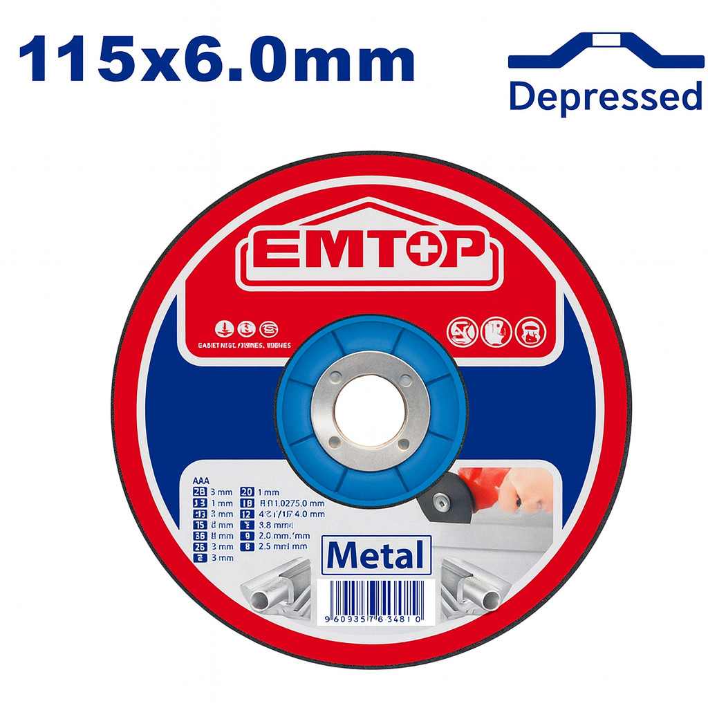Disco de desbaste EMTOP para metal 115 mm x 6.0 mm x 22.2 mm (centro deprimido)