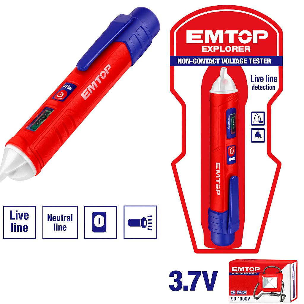 Detector de voltaje sin contacto EMTOP 12–1000V con alarma sonora y luminosa