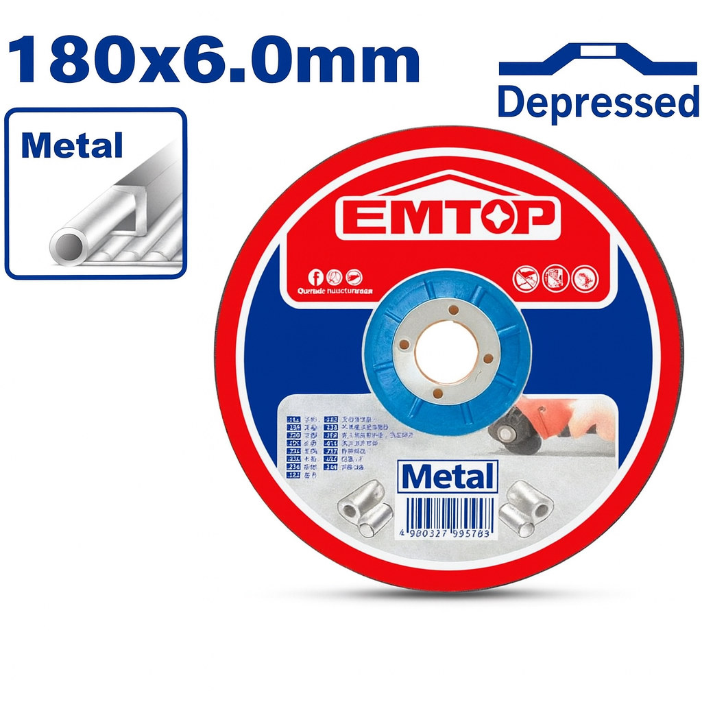 Disco de desbaste EMTOP para metal 180 mm x 6.0 mm x 22.2 mm (centro deprimido)