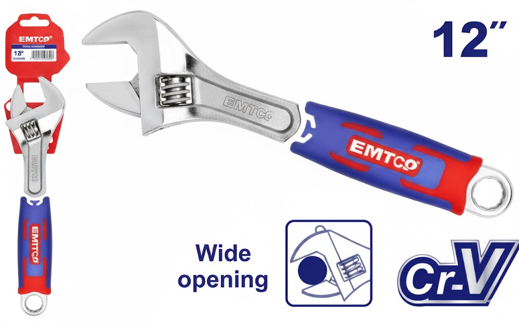 Llave ajustable tipo cangrejo de 300 mm (12") Cr-V con mango bicolor ergonómico