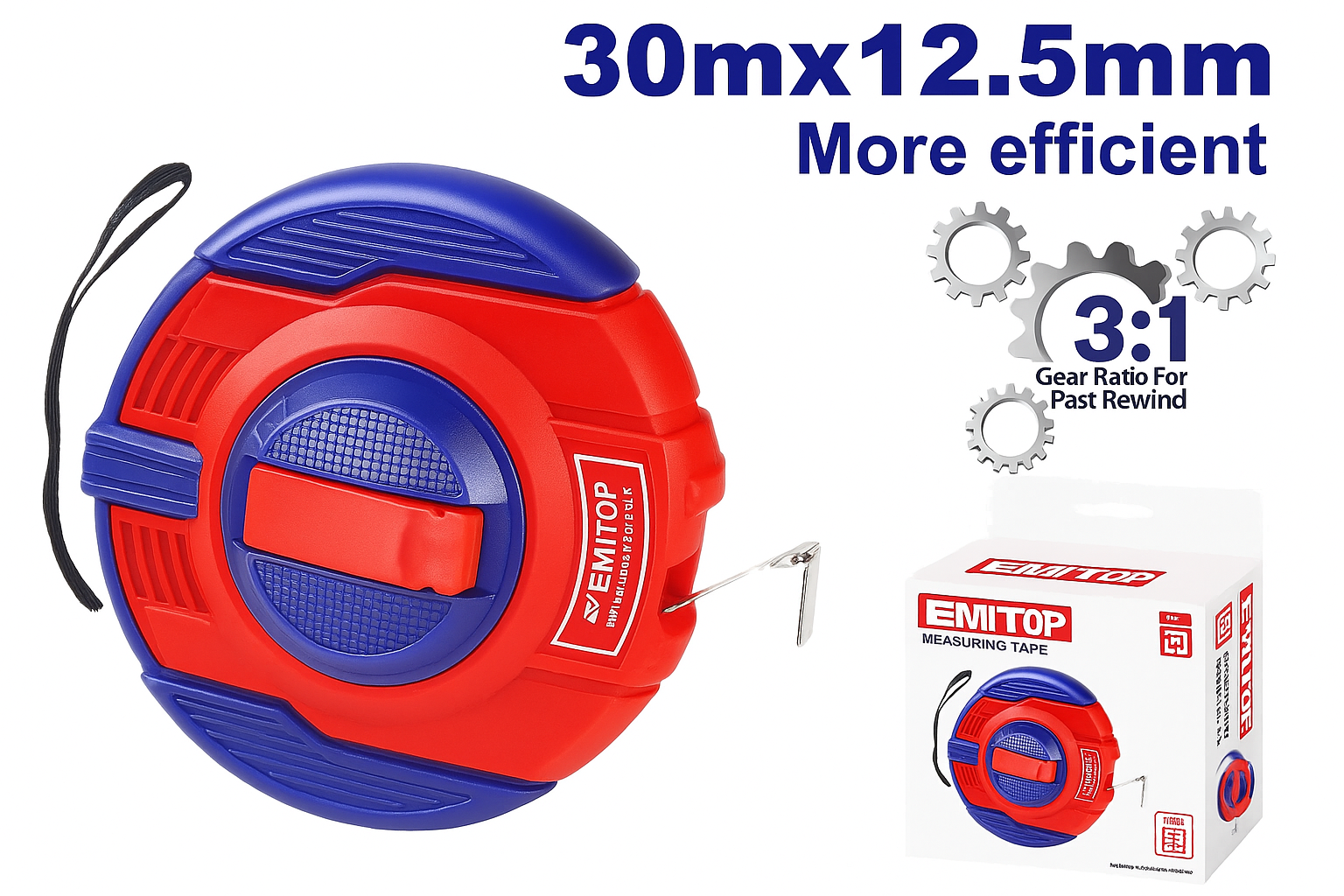 Cinta métrica de acero de 30 m x 12,5 mm con engranaje 3:1 y cubierta de goma.