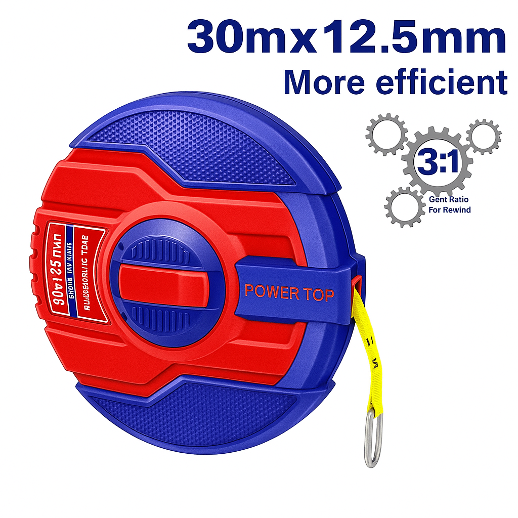 Cinta métrica de fibra de vidrio de 30 m x 12,5 mm con engranaje 3:1 y cubierta de goma
