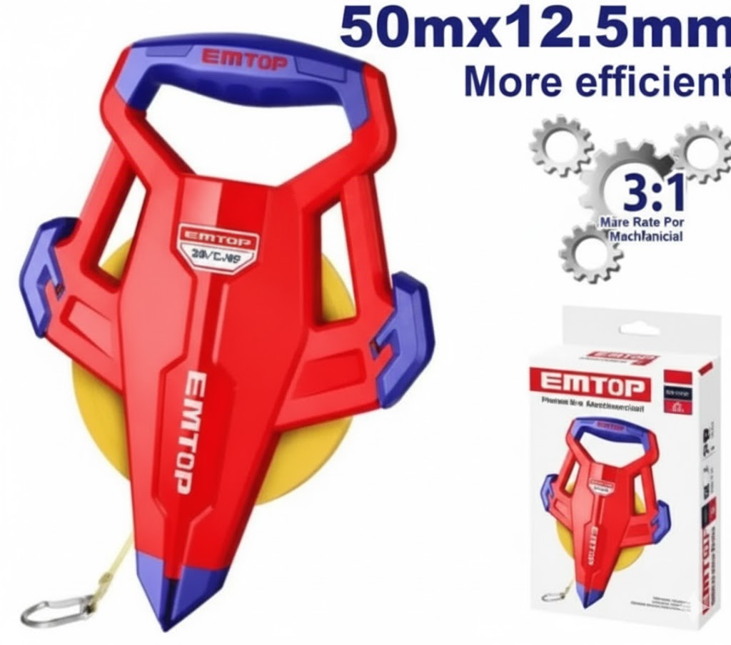 Cinta métrica de fibra de vidrio de 50 m x 12,5 mm con engranaje 3:1 y mango ergonómico