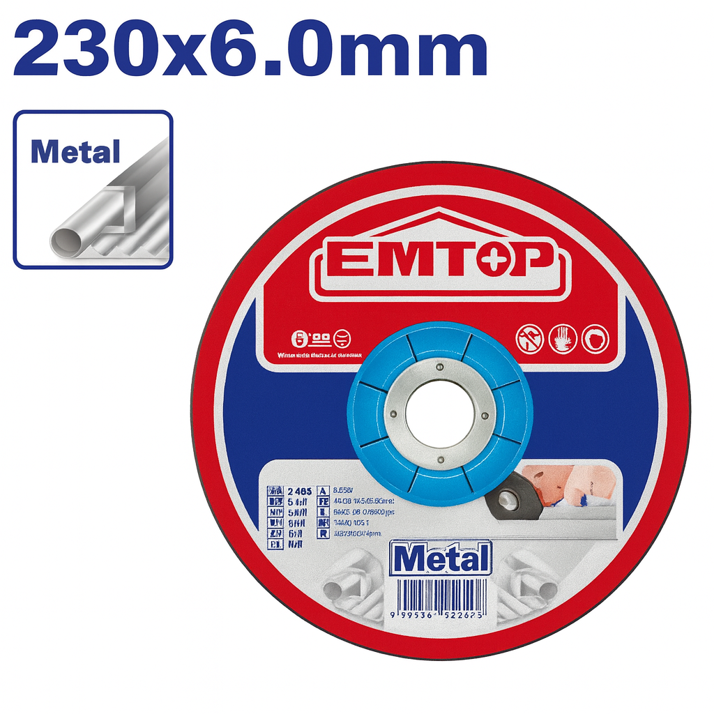 Disco de desbaste EMTOP para metal 230 mm x 6.0 mm x 22.2 mm (centro deprimido)