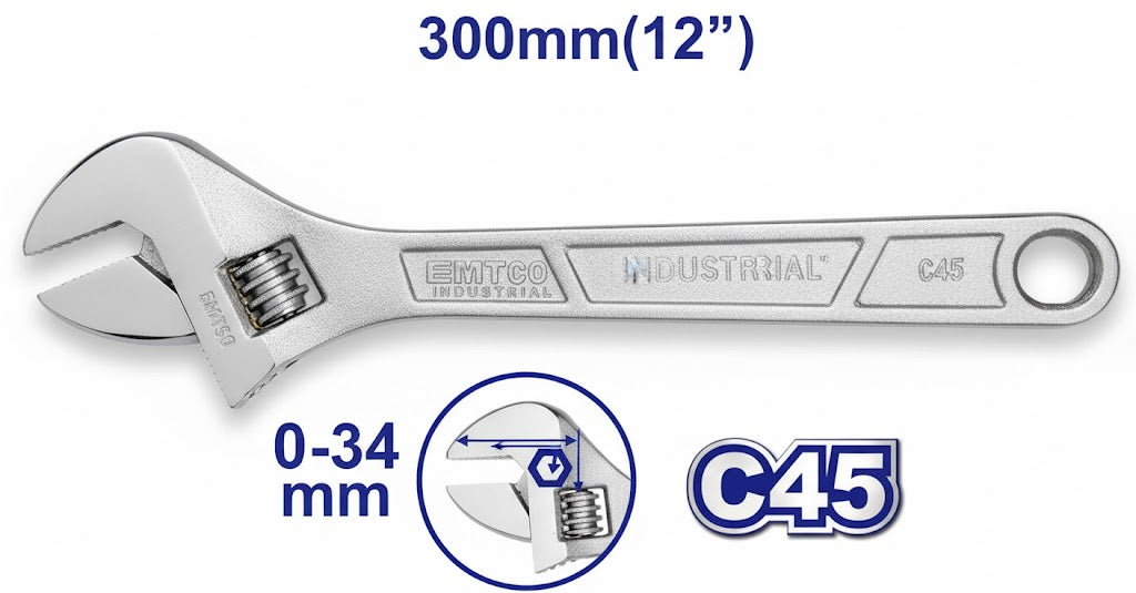 Llave ajustable de 300 mm (12") con apertura de 0–34 mm y empaque en tarjeta de papel