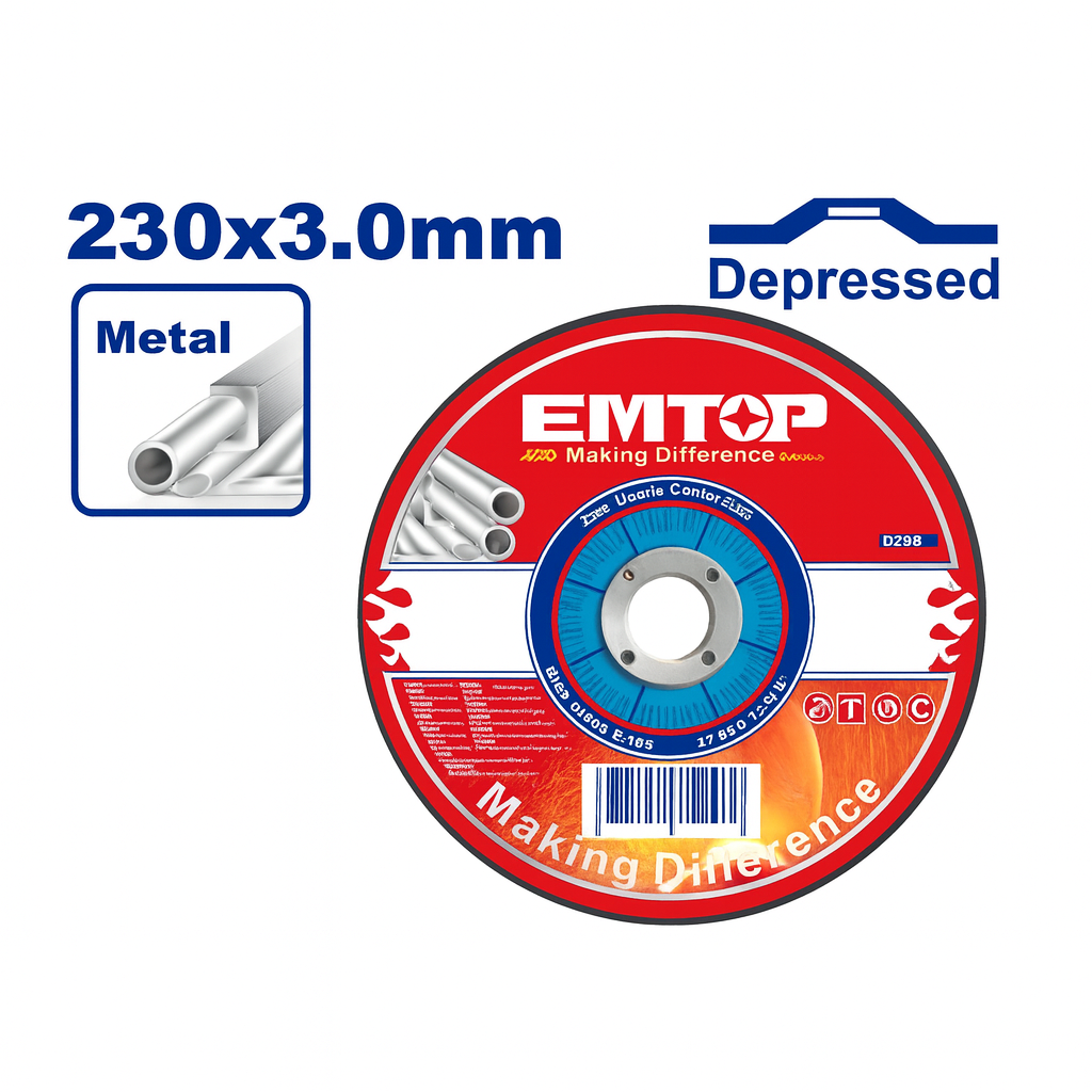 Disco de corte EMTOP para metal e inoxidable 230 mm x 3.0 mm x 22.2 mm (centro deprimido)