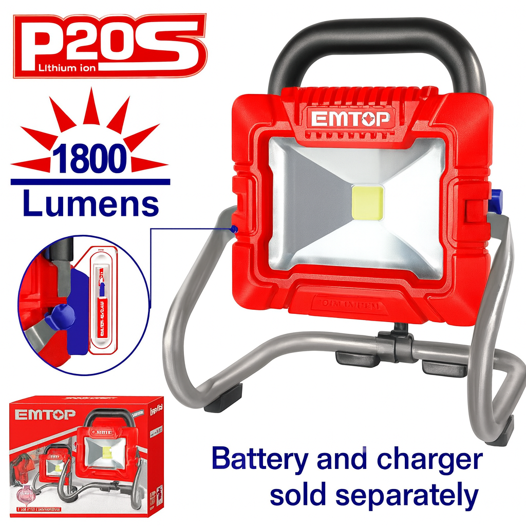 Lámpara portátil inalámbrica EMTOP 20V 1800 lúmenes 20W (batería y cargador se venden por separado)