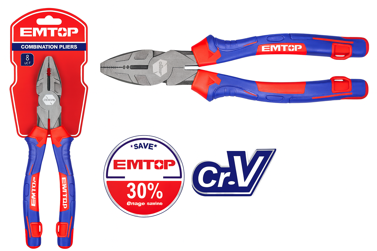 Alicate combinado de alto apalancamiento de 9.5" (240 mm) Cr-V con mango tricolor TPR y funciones múltiples