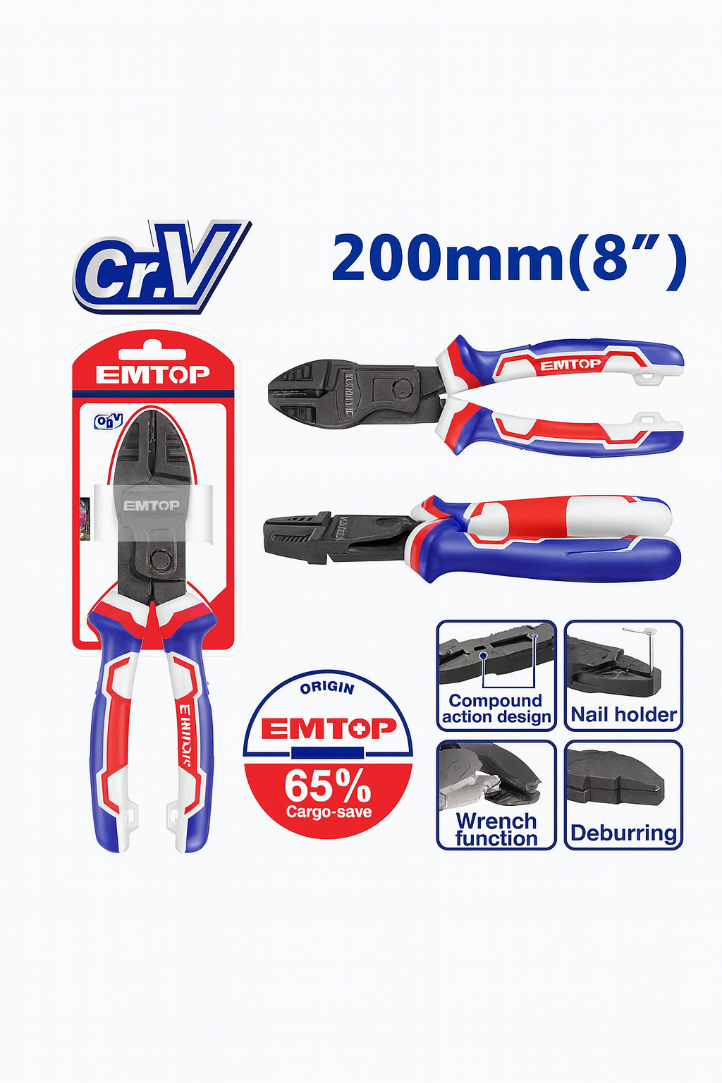 Alicate combinado de alto apalancamiento de 8" (200 mm) Cr-V con mango tricolor TPR y funciones múltiples