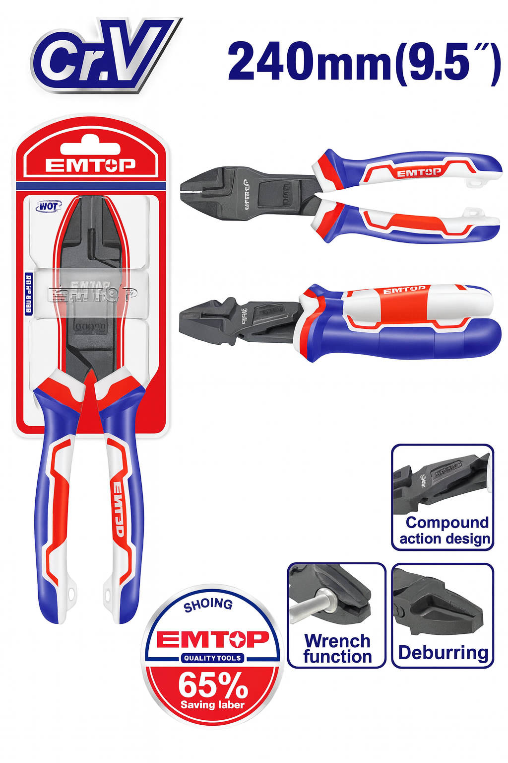 Alicate combinado de acción compuesto de 9.5" (240 mm) Cr-V con mango tricolor TPR y funciones múltiples