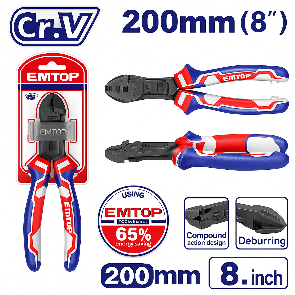 Alicate de corte diagonal de acción compuesta de 8" (200 mm) Cr-V con mango tricolor TPR