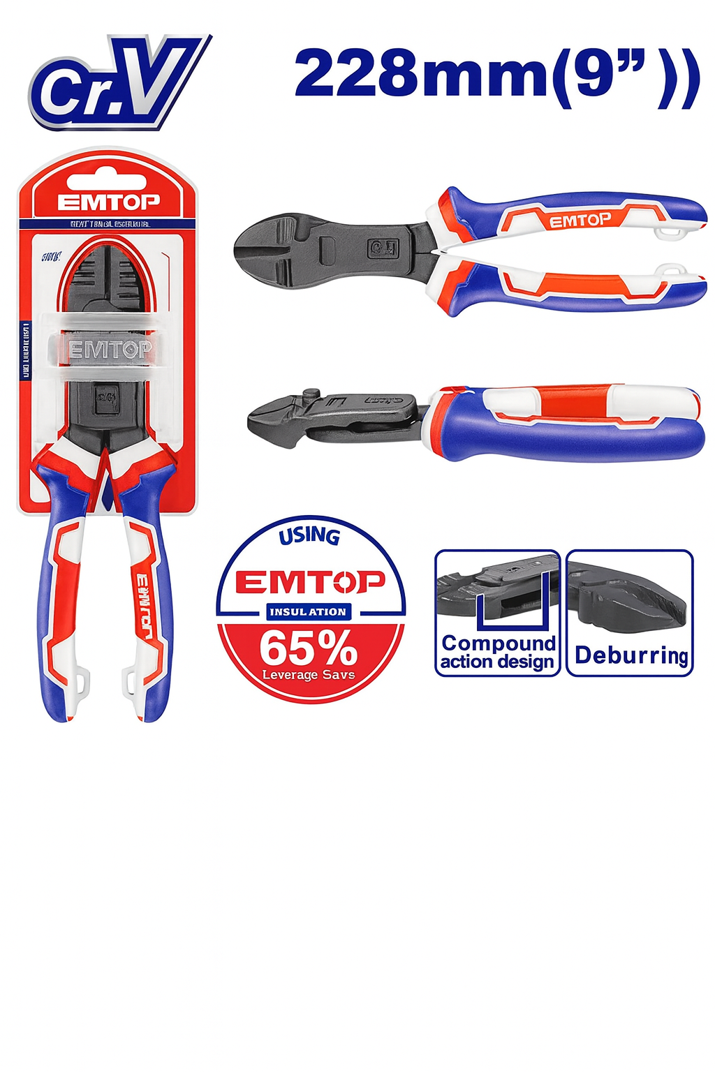 Alicate de corte diagonal de acción compuesta de 9" (228 mm) Cr-V con mango tricolor TPR