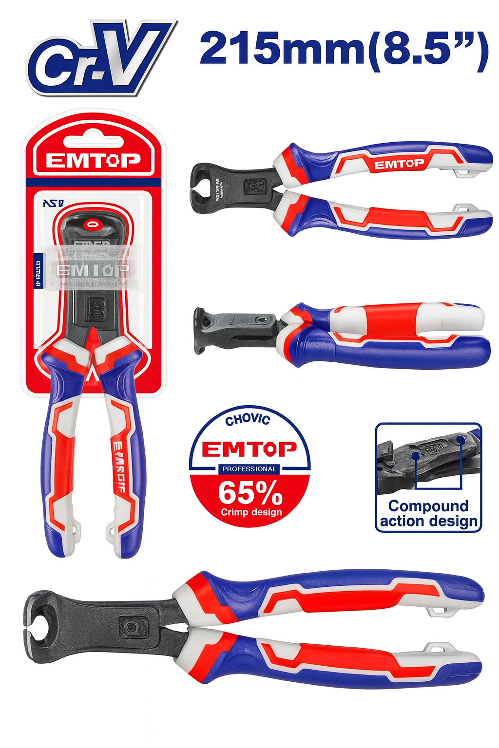 Alicate de corte frontal de acción compuesta de 8.5" (215 mm) Cr-V con mango tricolor TPR