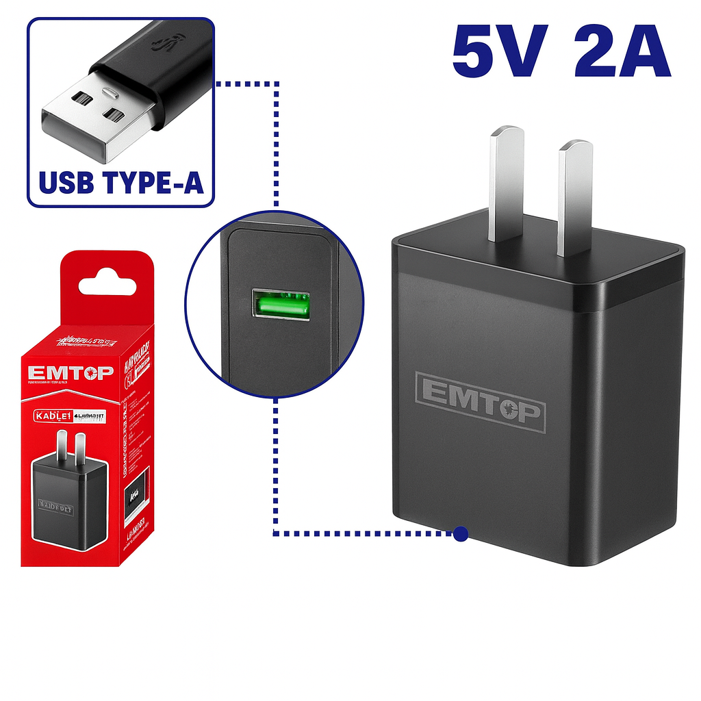 Cargador EMTOP USB Tipo-A 5V 2A universal 100–240V