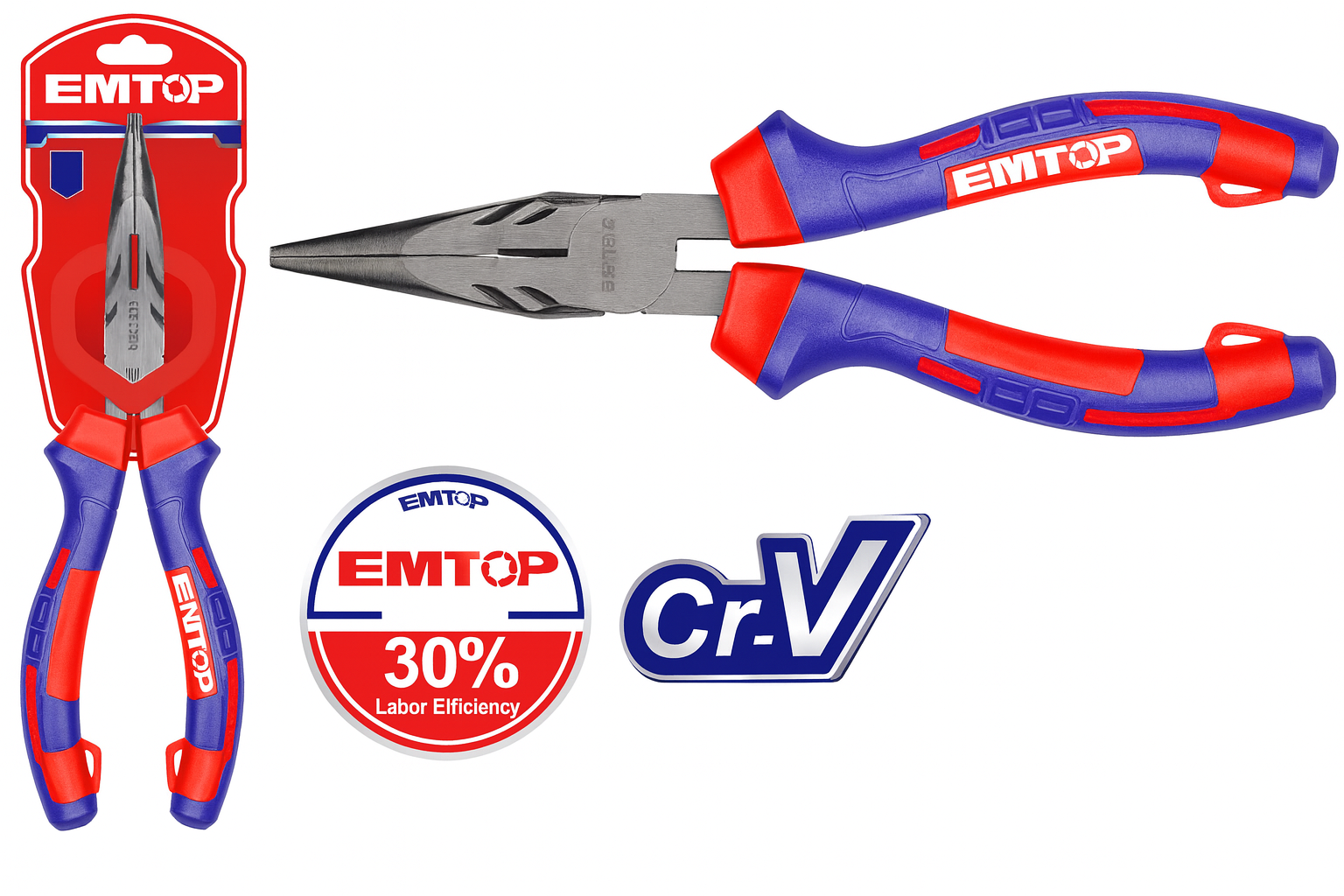 Pinza de punta larga de alto apalancamiento de 8" (200 mm) Cr-V con mango tricolor TPR y funciones Múltiples