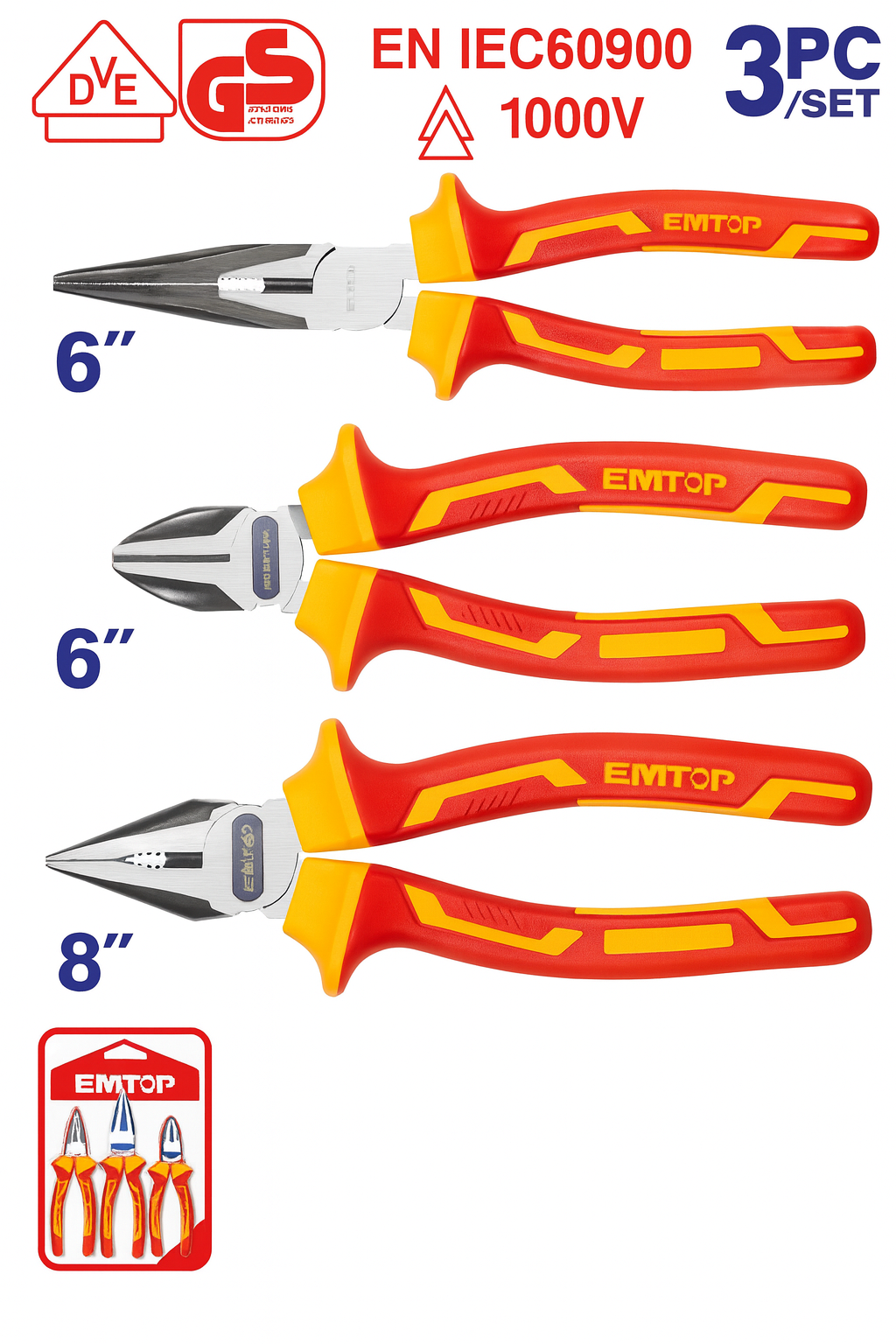 Juego de 3 pinzas aisladas (8", 6" y 6") Cr-V con resistencia hasta 1000V