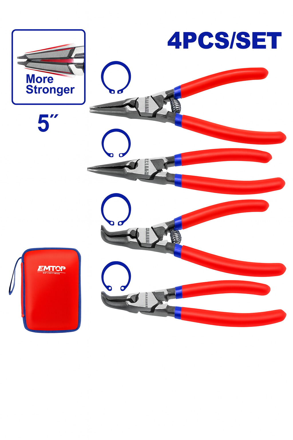 Juego de 4 pinzas para anillos de presión (circlip) de 5" (125 mm) Cr-V con estuche de lona