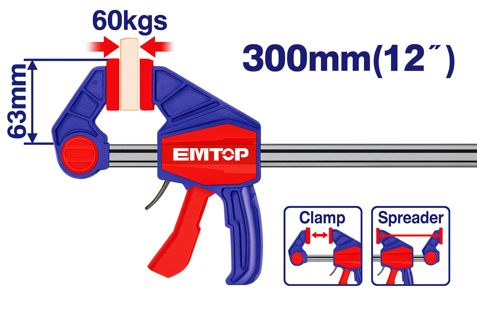 Prensa rápida de 63×300 mm con fuerza máxima de sujeción de 60 kg