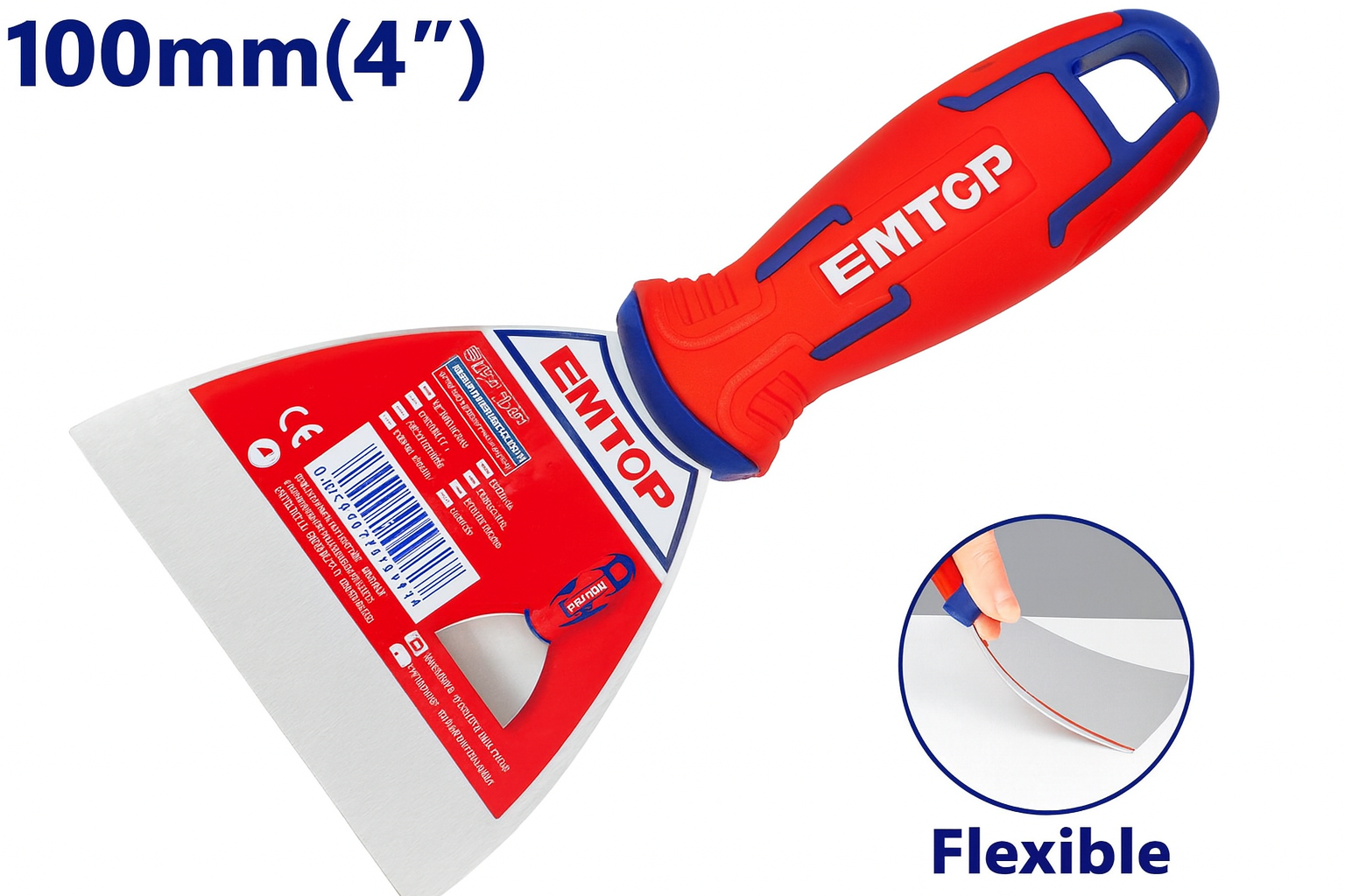 Espátula para masilla de 100 mm (4") en acero inoxidable con mango bicolor
