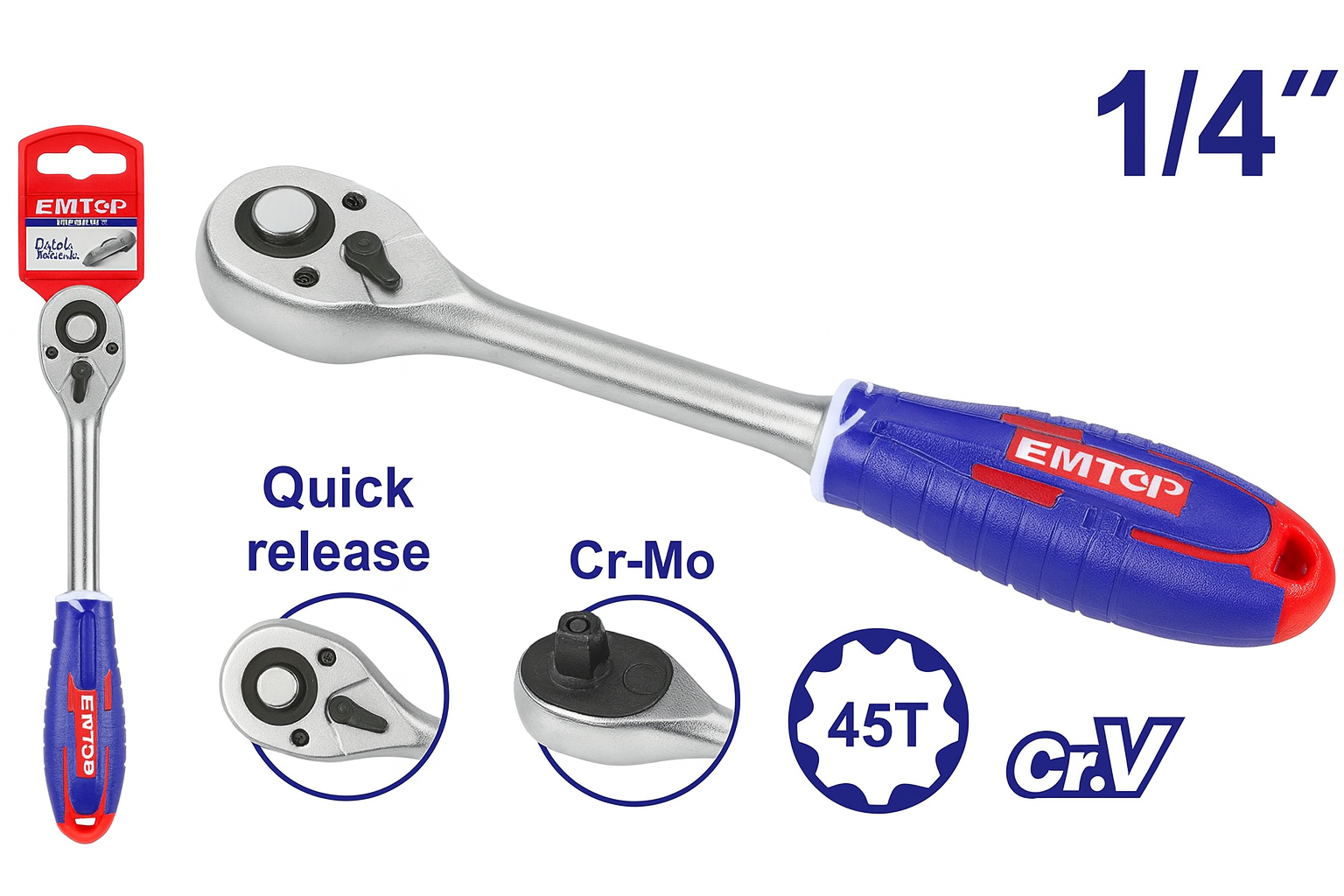 Llave de carraca de 1/4" (45 dientes) Cr-Mo con mango tricolor ergonómico