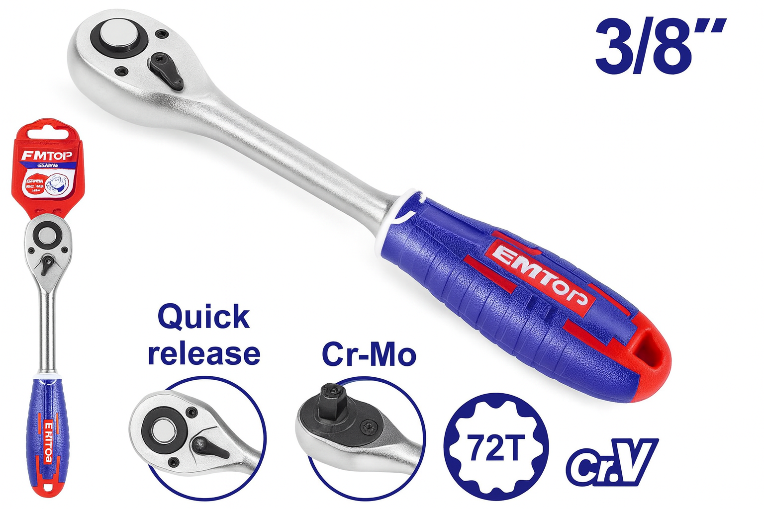 Llave de carraca de 3/8" (72 dientes) Cr-V + Cr-Mo con mango tricolor ergonómico