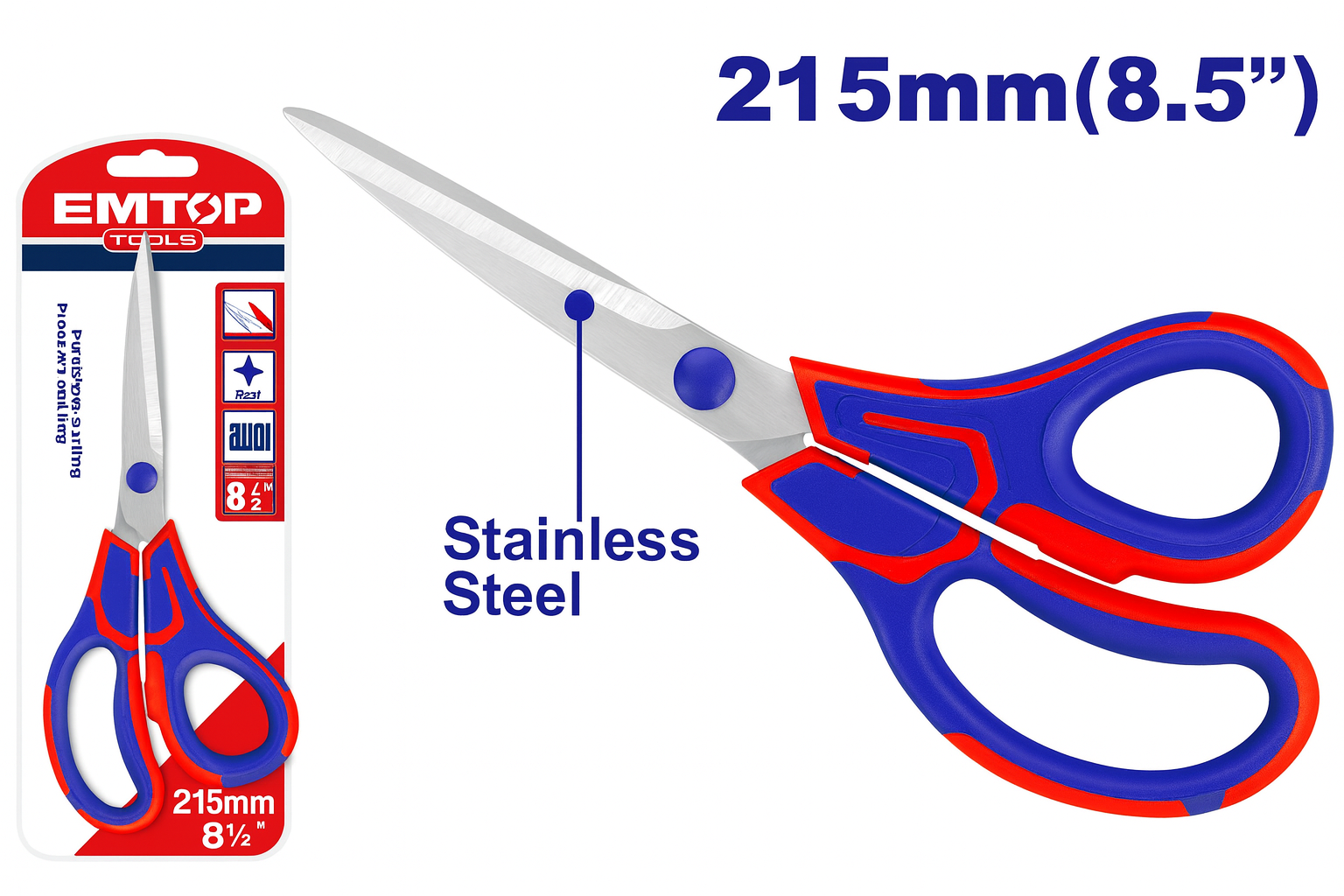 Tijeras de 215 mm (8.5") en acero inoxidable con mango ergonómico y acabado arenado