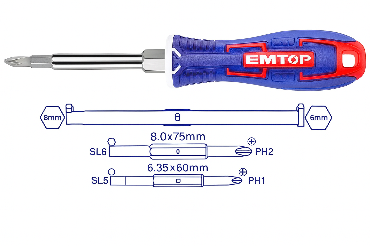Desarmador multipuntas 6 en 1 CR-V con mango intercambiable y dados de 6 mm y 8 mm