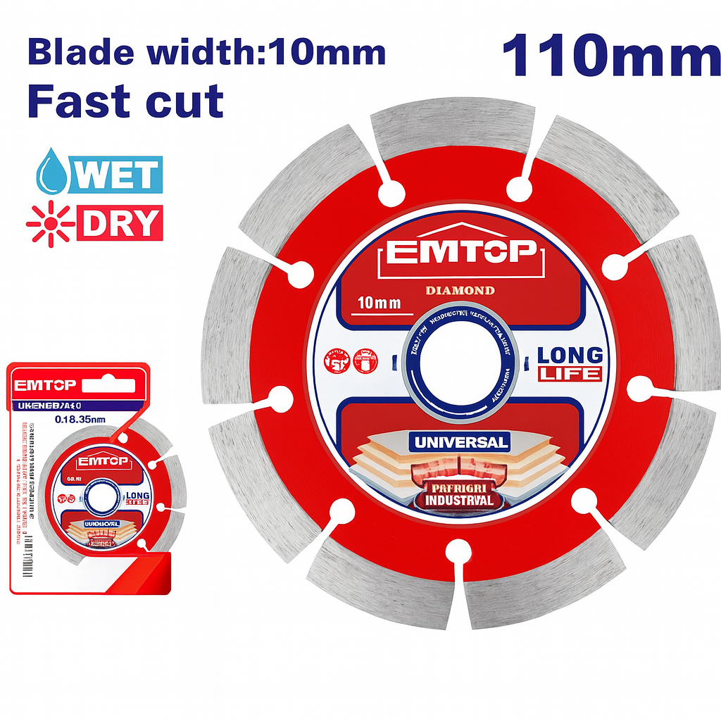 Disco diamantado EMTOP seco 110 mm x 20 mm para corte de concreto, ladrillo y piedra
