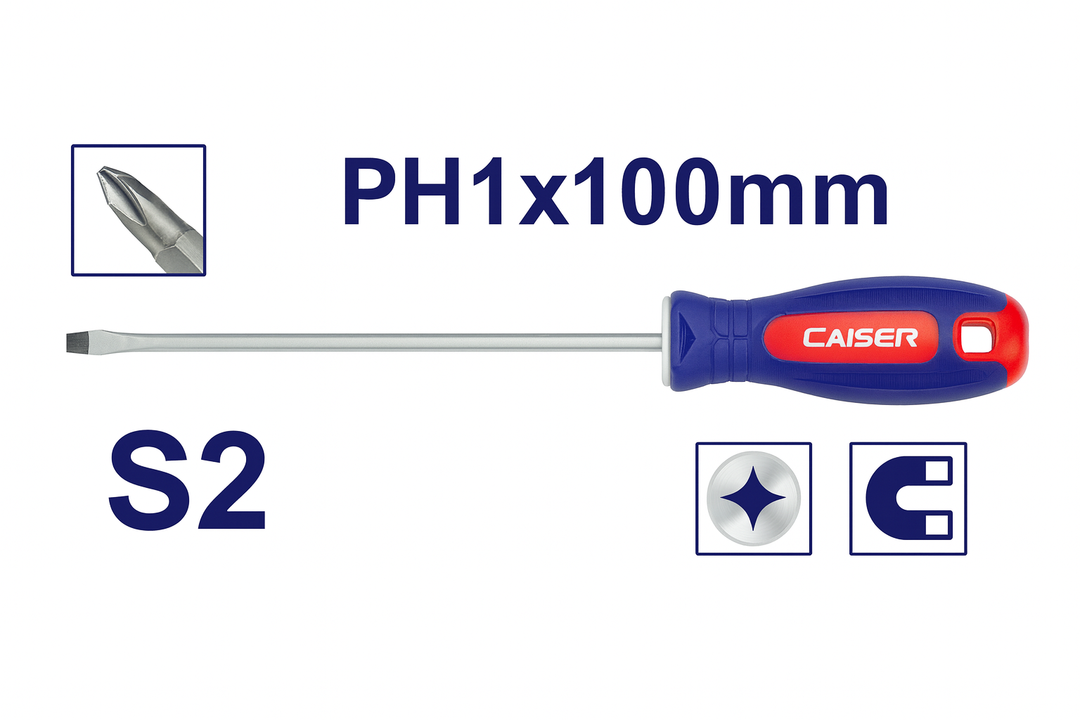 Desarmador de cruz PH1 x 100 mm con vástago redondo de 5 mm en acero S2