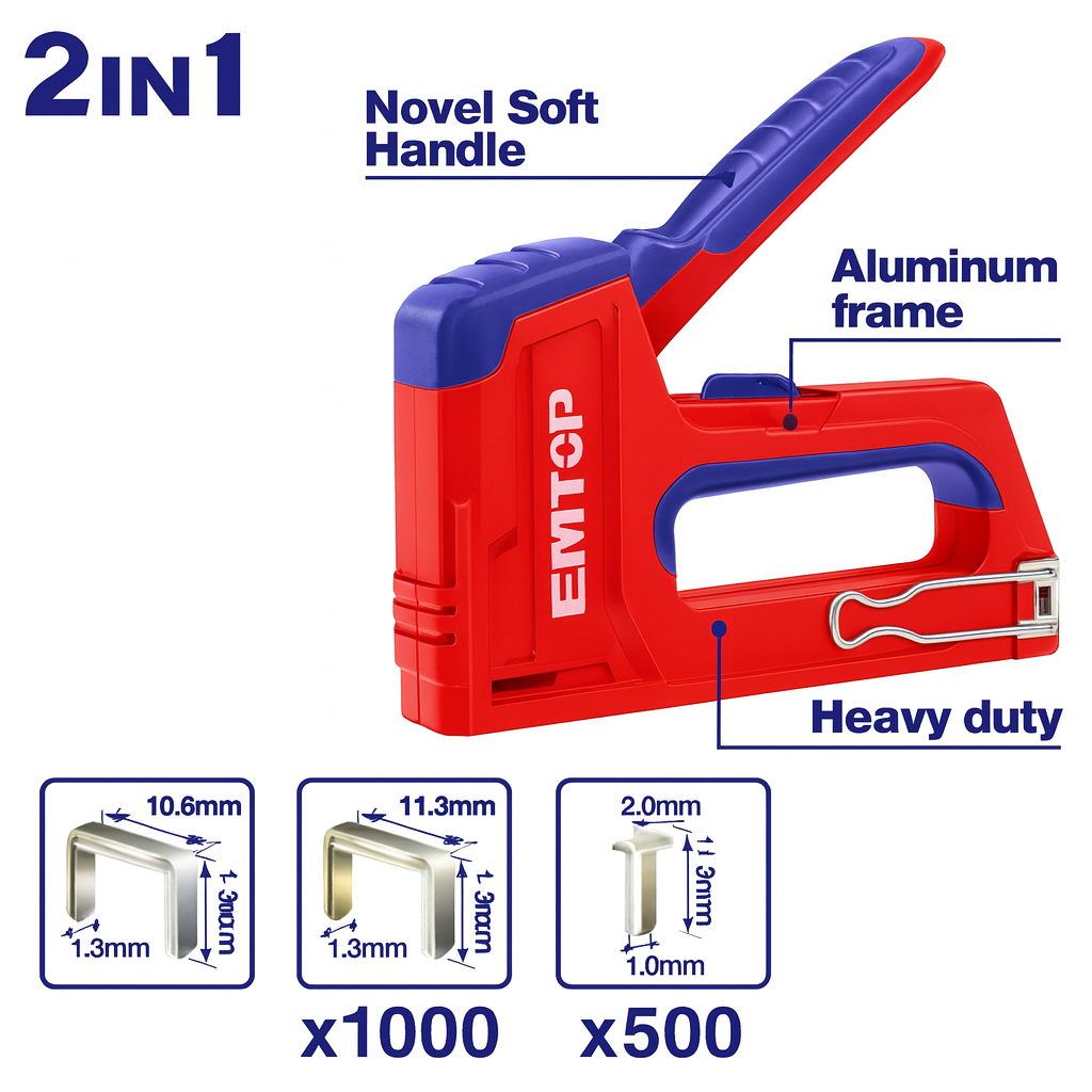 Engrapadora manual 2 en 1 de aluminio con selector de potencia y 1500 piezas incluidas