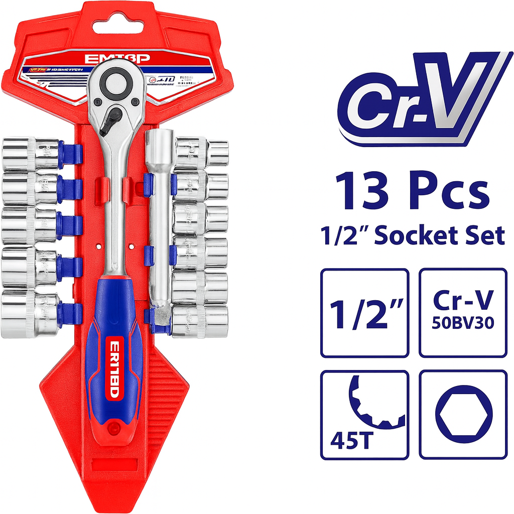Juego de copas 1/2" de 13 piezas Cr-V con maneral de carraca 72T y extensión de 5"
